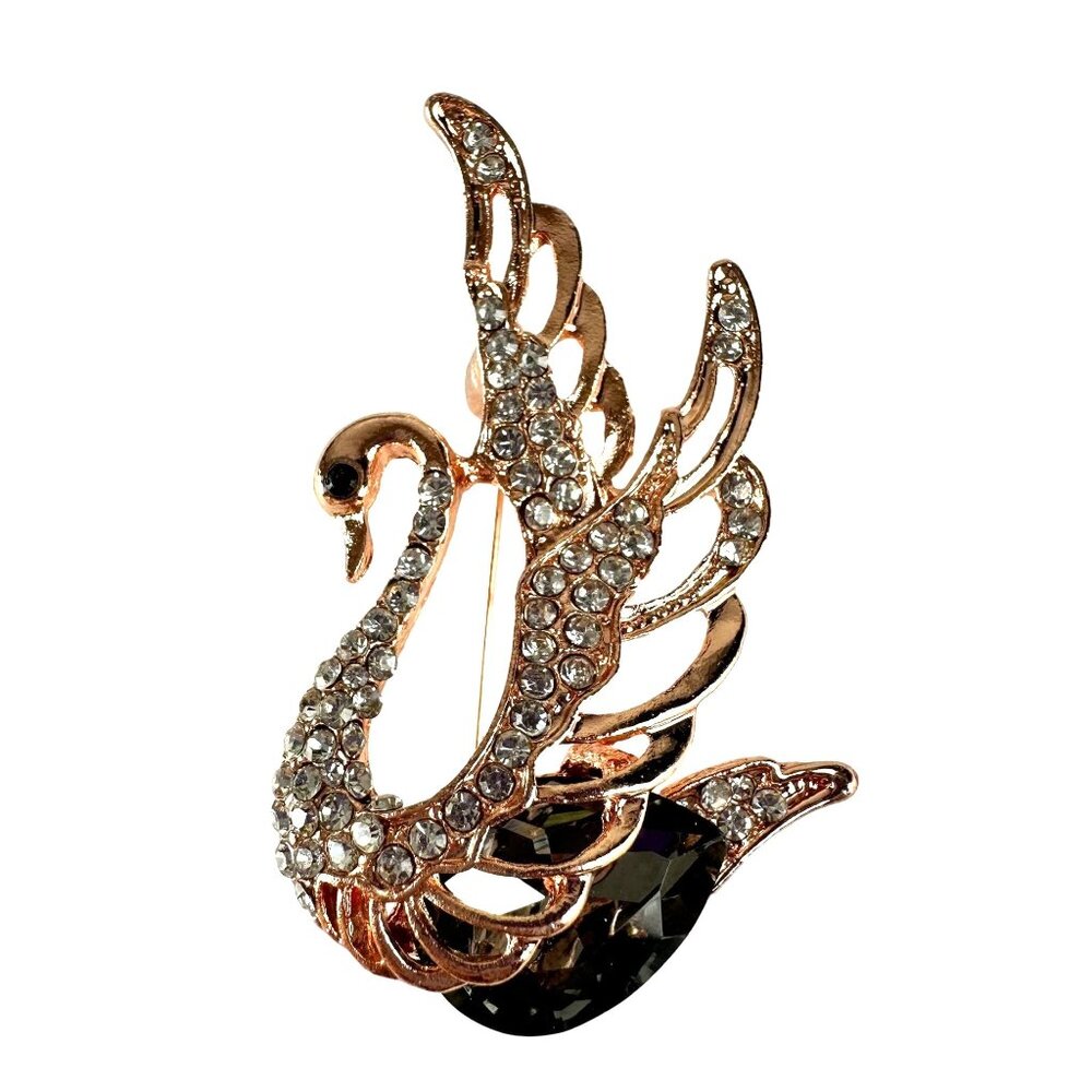 Swan-Shaped Gold Tone Crystal Rhinestone Brooch Pin